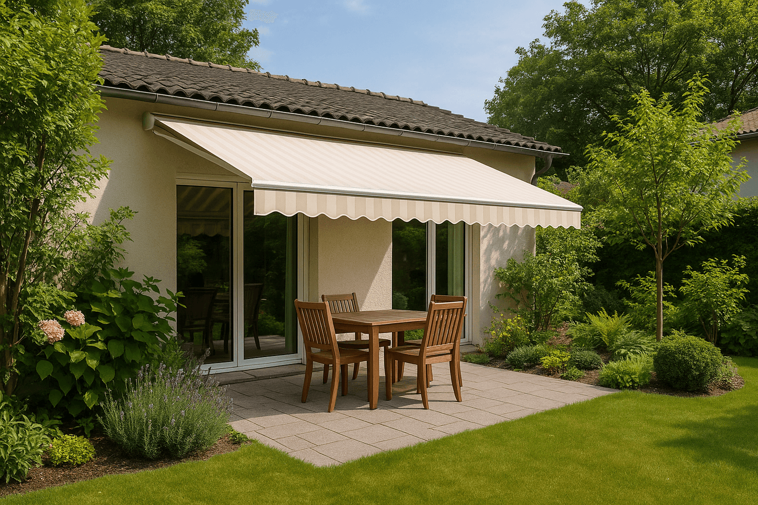 Toile de store banne sur mesure en acrylique, offrant protection solaire élégante et durable pour un patio.