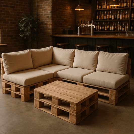 Confortable canapé sur palettes avec coussins beige, idéal pour intérieur et extérieur.