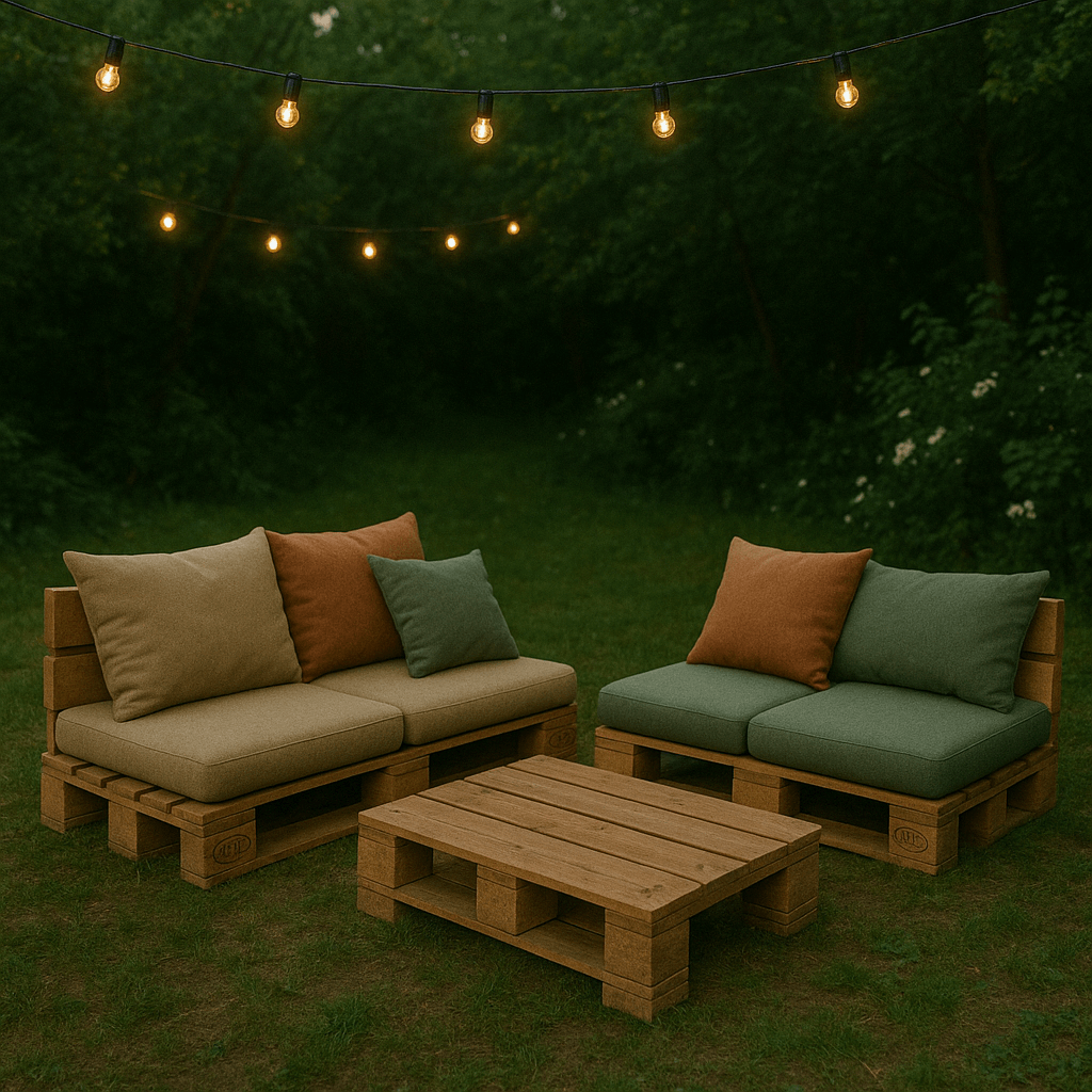 Coussins en mousse sur mesure sur des palettes en bois, créant un espace détente confortable et stylé en extérieur.