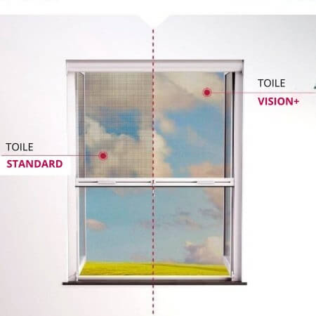 Comparison of standard and Vision+ retractable insect screens for windows.