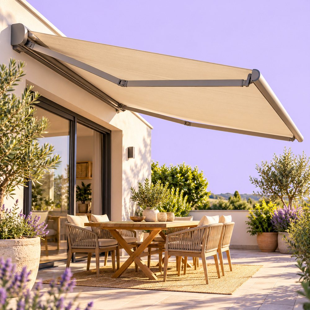 Toile de store banne sur mesure tendue au-dessus d'une terrasse