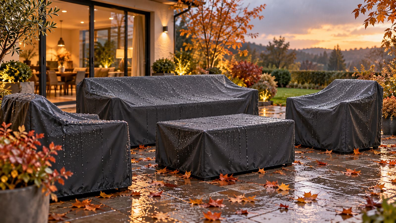 Mobilier de jardin protégé sous la pluie d'automne par des housses MESUROO