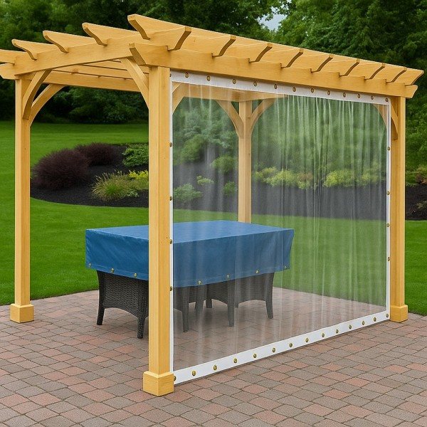 Bâche transparente sur mesure fermant une pergola en bois