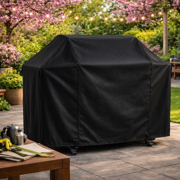 Housse noire sur mesure posée sur un barbecue à gaz