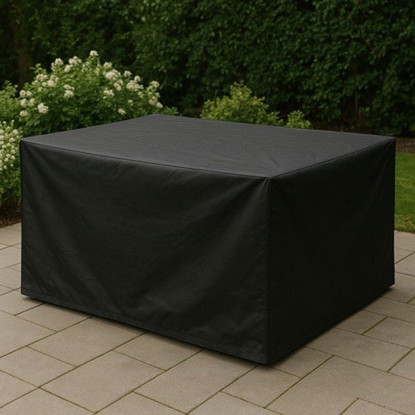 Housse noire sur mesure posée sur un spa carré