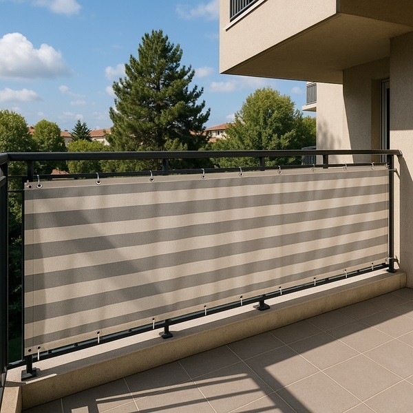 Toile de brise-vue rayée grise tendue sur la rambarde d’un balcon