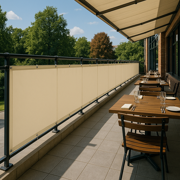 Brise-vue beige en toile SOLTEX sur la rambarde d'une terrasse de restaurant