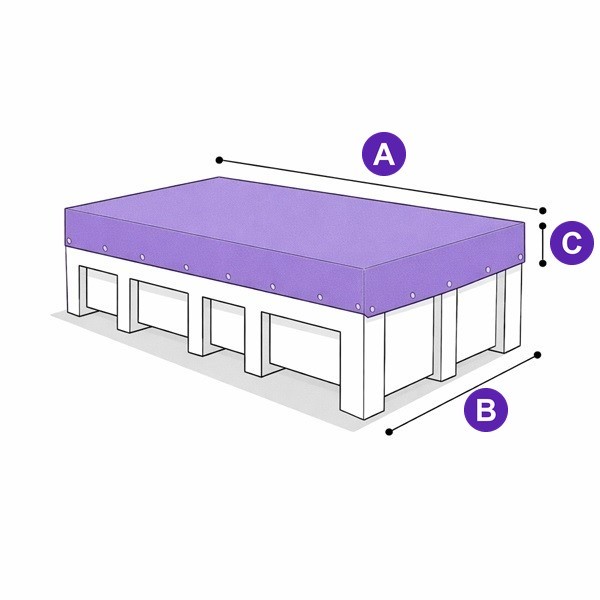 Plan de mesure de la bâche de benne : A la longueur, B la largeur, C la retombée