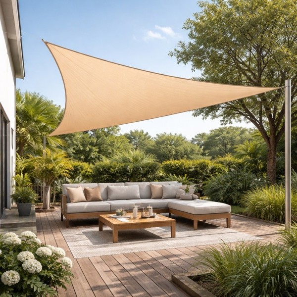 Voile d’ombrage triangulaire sable tendue au-dessus d’un salon de jardin