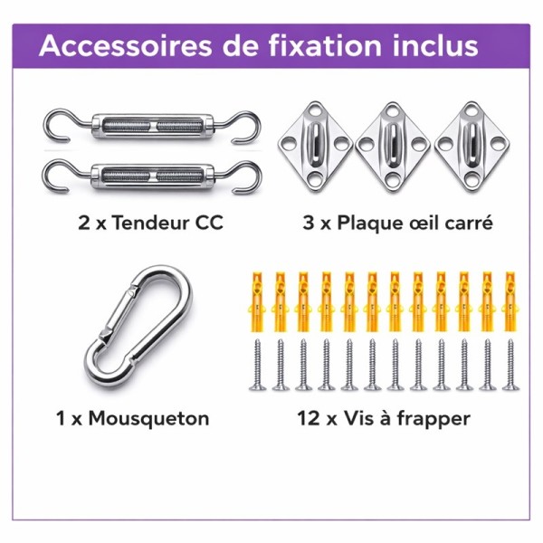 Kit de fixation de la voile : tendeurs, mousquetons, plaques à œil et vis