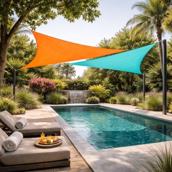 Deux voiles d’ombrage triangulaires orange et turquoise au-dessus d’une piscine