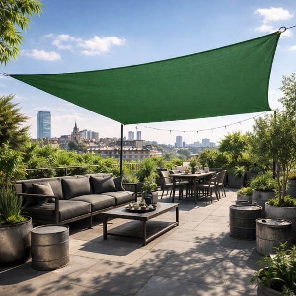 Voile d'ombrage verte tendue au-dessus d'un salon de terrasse