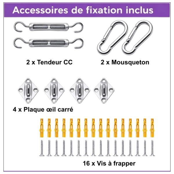Kit de fixation de la voile : tendeurs, mousquetons, plaques à œil et vis