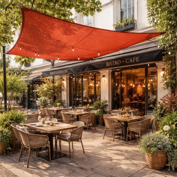 Voile d’ombrage rouge au-dessus d’une terrasse de bistrot