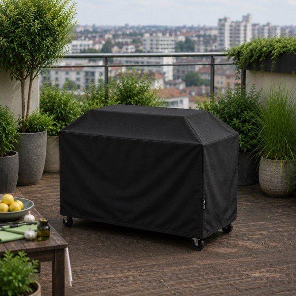 Housse de protection pour plancha sur chariot installée en extérieur