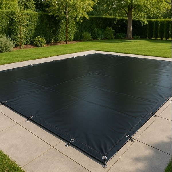 Bâche PVC noire tendue sur une piscine enterrée, entourée de dalles