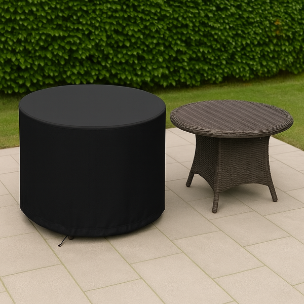 Table de jardin ronde protégée par une housse ajustée, à côté d'une table découverte